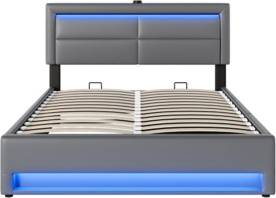 Gotagee Gestoffeerd bed 140 x 190 cm hydraulisch met USB-poort (ondersteunt draadloos en bekabeld opladen) met ledverlichting en 3 opbergladen zonder matras PU lychee-design grijs