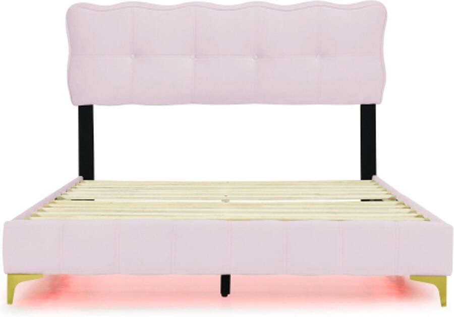 Gotagee Gestoffeerd bed 140 x 200 cm jeugdbed tweepersoonsbed met ledverlichting met rugleuning met lattenbodem fluwelen stof hoge metalen poten roze (matras niet inbegrepen)