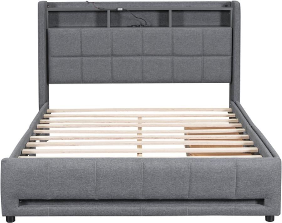 Gotagee Gestoffeerd bed 140 x 200 cm Zonder matras APP afstandsbediening LED-licht Bed met lades met stopcontacten en USB Ingebouwd opbergvak Linnen Grijs