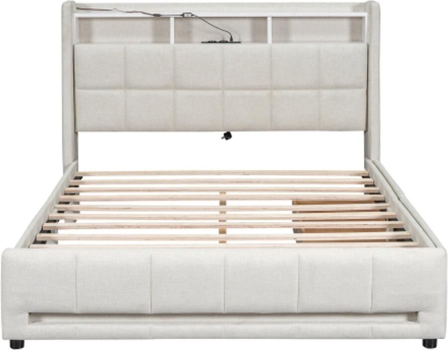 Gotagee Gestoffeerd bed 140 x 200 cm Zonder matras APP afstandsbediening LED-licht Bed met lades met stopcontacten en USB Ingebouwd opbergvak Linnen Beige