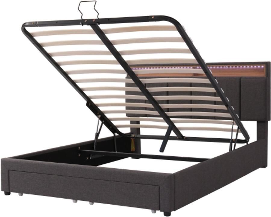 Gotagee Gestoffeerd bed 140x190cm met LED-verlichting hydraulisch opbergbed met bedstee laden en opbergvakken opbergbaar hoofdeinde tweepersoonsbed linnen grijs