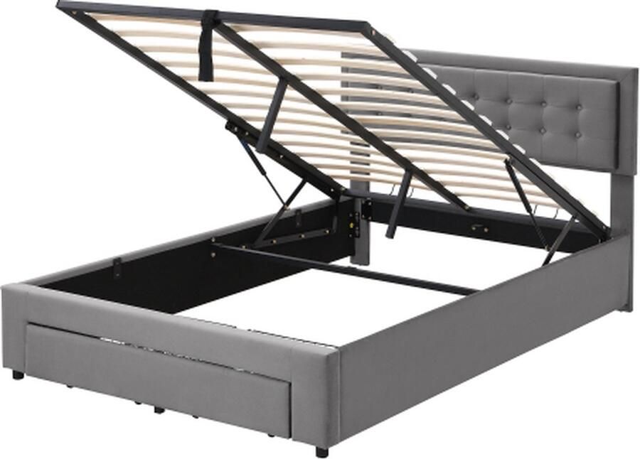 Gotagee Gestoffeerd bed 140x190cm tweepersoonsbed (zonder matras) hydraulisch opbergbed Met houten lattenbodem en hoofdbord Met 2 lades Fluweel Grijs