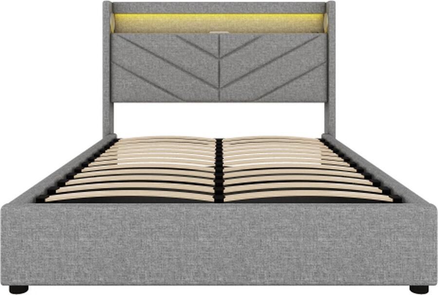 Gotagee Gestoffeerd bed 140x190cm tweepersoonsbed (zonder matras) Linnen Beige Sfeerverlichting met afstandsbediening met hydrauliek Met USB en stereo-installatie