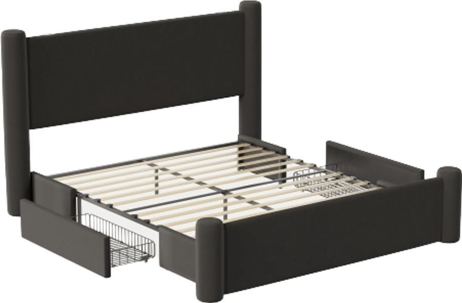 Gotagee gestoffeerd bed 140x200 cm bedframe 3D-kolomdesign dik gewatteerd hoofdeinde 2 opberglades en geïntegreerde USB-poorten zwart