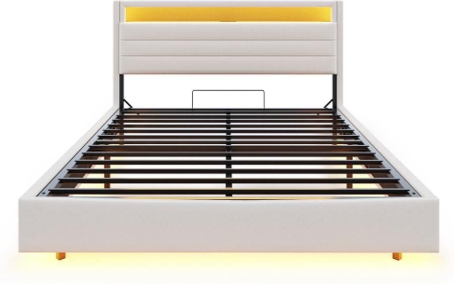 Gotagee Gestoffeerd bed 140x200 cm hydraulisch zwevend bedframe met opbergruimte met USB-aansluiting en LED-verlichting omkeerbaar hoofdbord linnen beige(zonder matras)