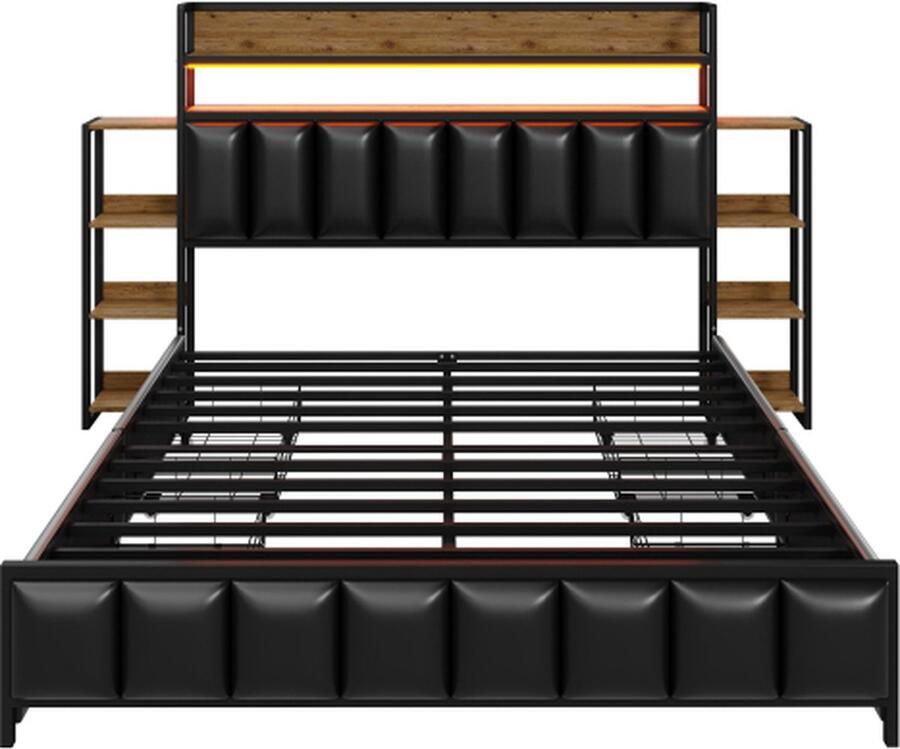 Gotagee Gestoffeerd bed 140x200 cm met LED-verlichting Multifunctioneel hoofdbord opbergruimte en metalen bedframe