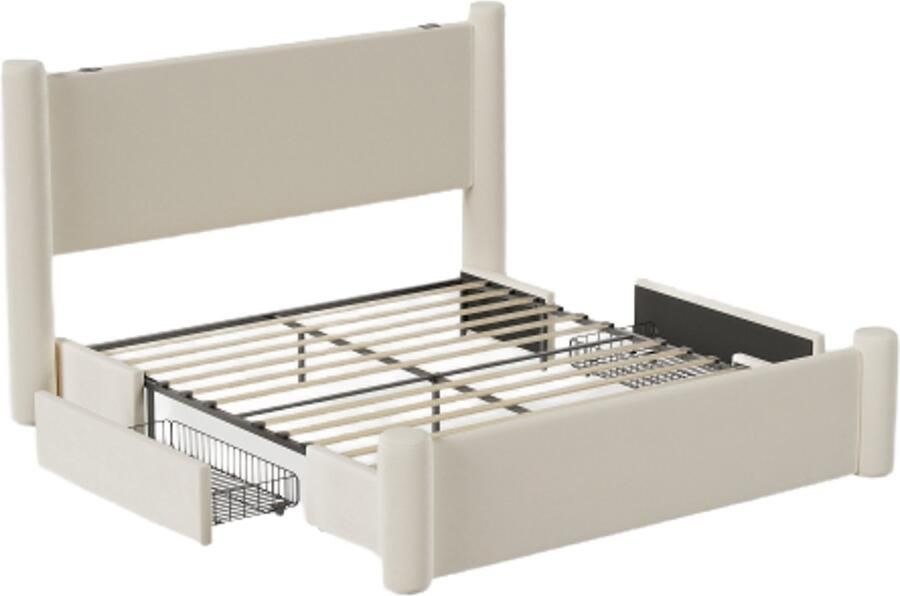 Gotagee gestoffeerd bed 140x200 cm Tweepersoonsbed 3D-kolomdesign dik gewatteerd hoofdeinde 2 opberglades en geïntegreerde USB-poorten beige