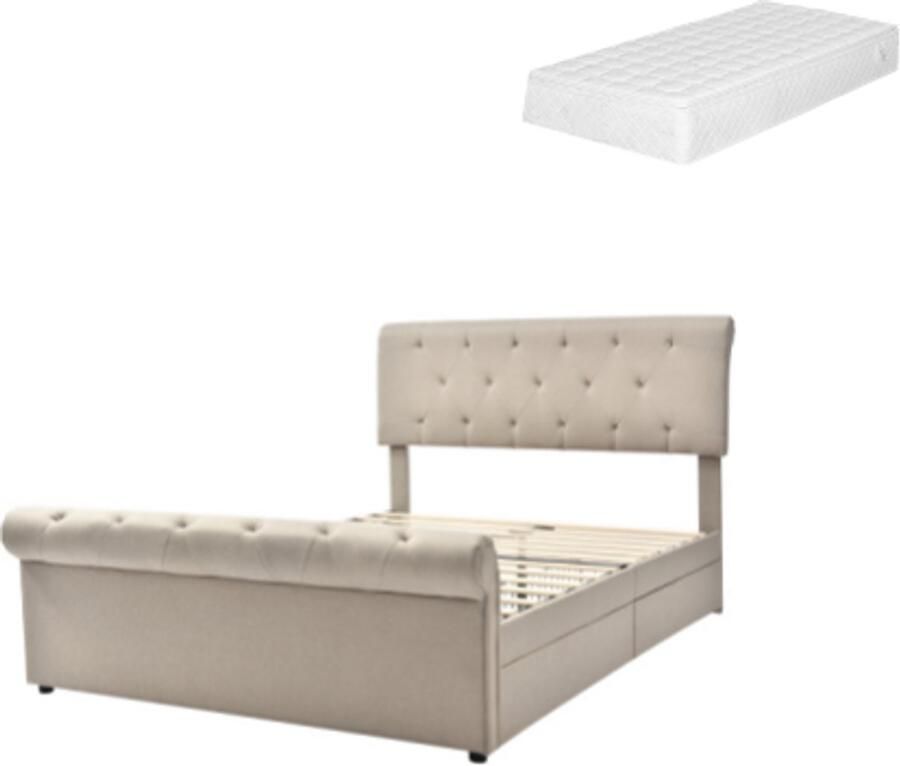 Gotagee Gestoffeerd bed 140x200 cm Tweepersoonsbed Met lattenbodem en 4 lades Verstelbaar hoofdbord Chesterfield Multifunctioneel bed Natuurlijk Met matras