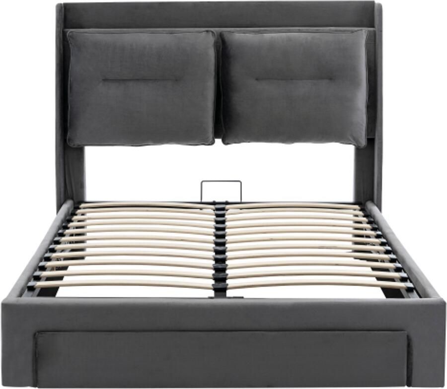 Gotagee Gestoffeerd bed 140x190 hydraulisch bed 2 in 1 opberglades aan het voeteneinde van het bed verzonken LED-lichtstrips aan beide zijden van het bed lattenbodem zonder matras fluweel grijs