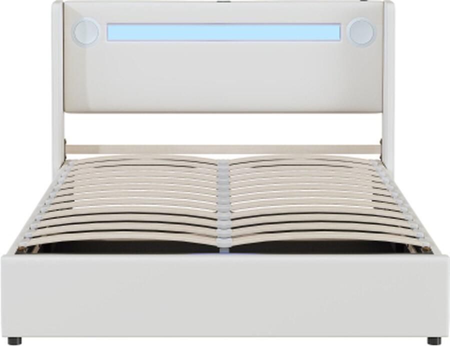 Gotagee Gestoffeerd bed 140x200 met LED-Lichtstrip Bluetooth-speler en USB-oplaadpoort PU-leder opbergbankbed Stapelbed Dubbelbed met Lattenbodem