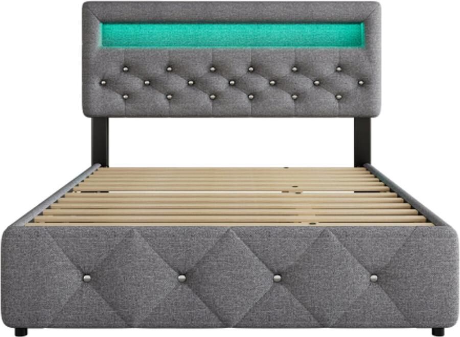Gotagee Gestoffeerd bed 140X200cm (90X190cm) tweepersoonsbed platformbed met uitschuifbaar bed en 2 lades met lichtstrip grijs