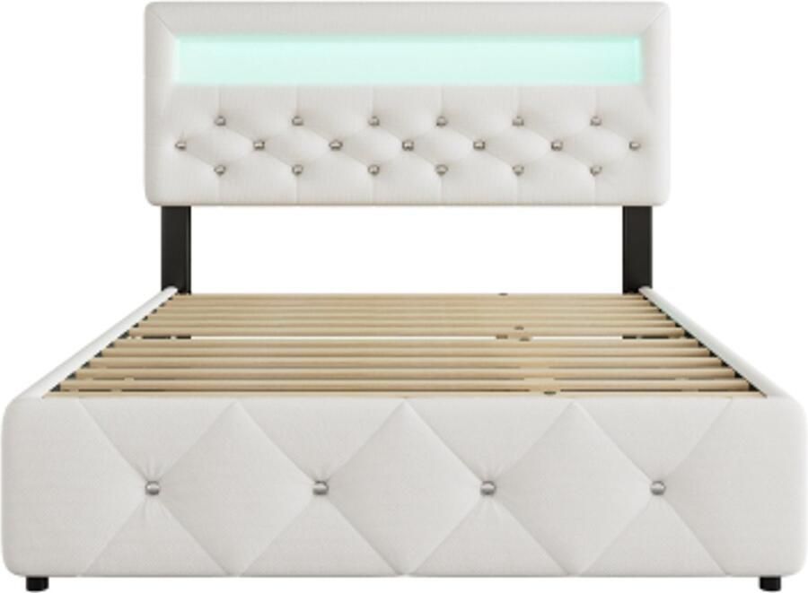 Gotagee Gestoffeerd bed 140X200cm (90X190cm) tweepersoonsbed platformbed met uitschuifbaar bed en 2 lades met lichtstrip wit