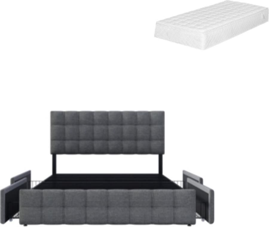 Gotagee Gestoffeerd bed 140x200cm grijs (met matras) met 4 laden tweepersoonsbed opbergbed linnen