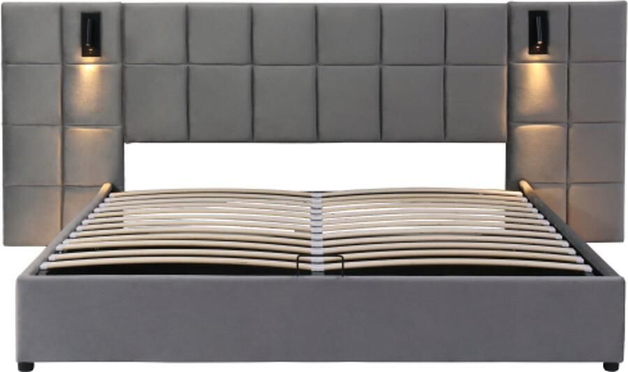 Gotagee Gestoffeerd bed 140x200cm hydraulisch opbergbed met richtbare lamp en USB-oplading zonder nachtkastje zonder matras fluweel grijs