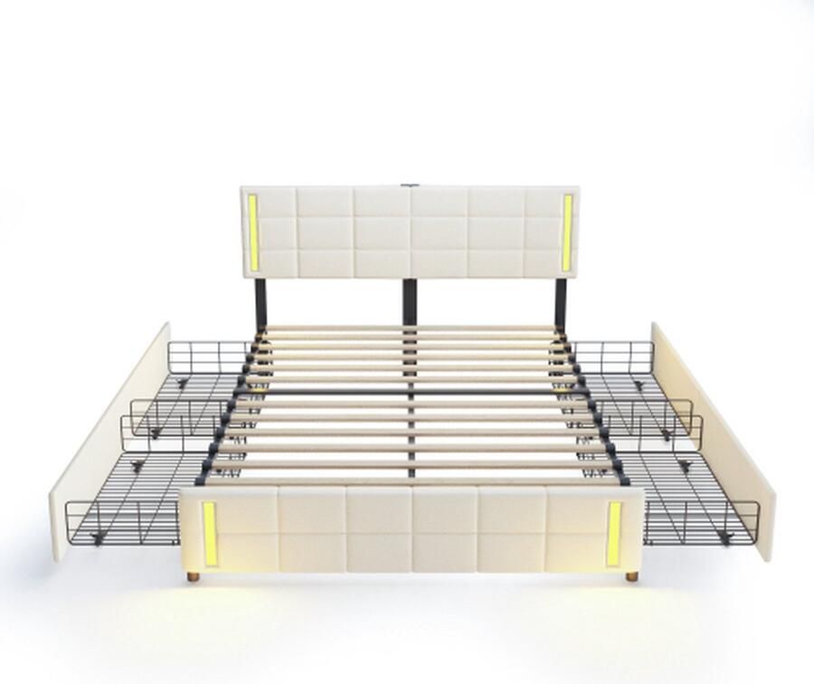 Gotagee Gestoffeerd bed 140x200cm Jeugdbed Zonder matras met LED Linnen Beige