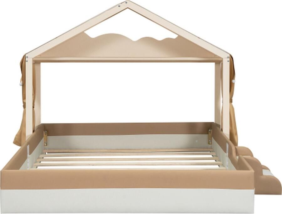 Gotagee Gestoffeerd bed 140x200cm kinderbed (zonder matras) huisbed houten bed tweepersoonsbed jeugdbed met lattenbodem en treden minimalistisch PU bruin