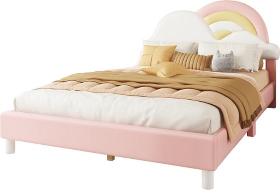 Gotagee Gestoffeerd bed 140x200cm kinderbed (zonder matras) tweepersoonsbed jeugdbed hoofdbord in regenboog- en wolkvorm met lattenbodem roze PU