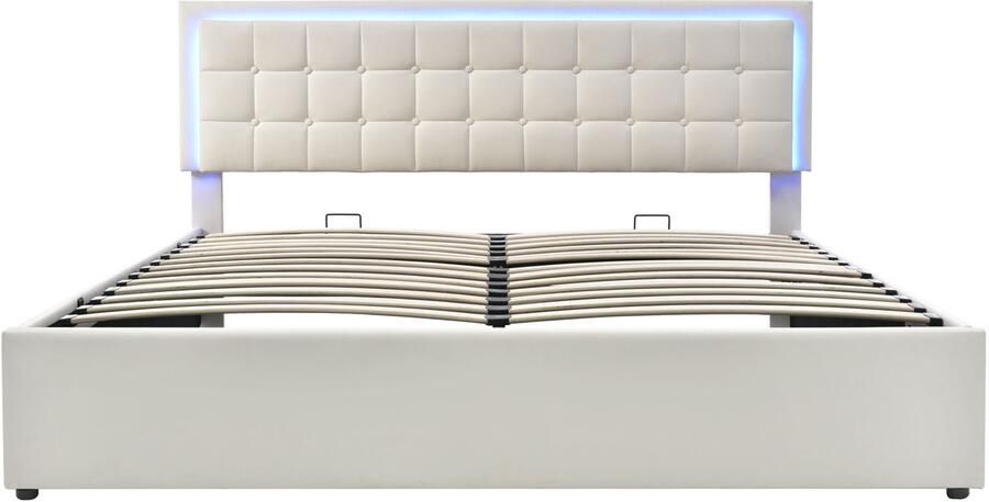 Gotagee Gestoffeerd bed 160x200 cm Tweepersoonsbed Met lattenbodem en opbergruimte Met LED verlichting Kunstleer Wit Zonder matras