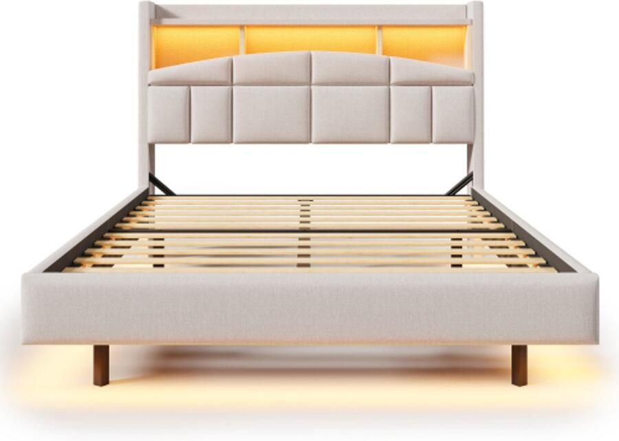 Gotagee Gestoffeerd bed 140x200cm op afstand bedienbare sfeerverlichting onder het bed opklapbaar legplankje hoofdbord met opbergruimte USB+Type-C zonder matras beige