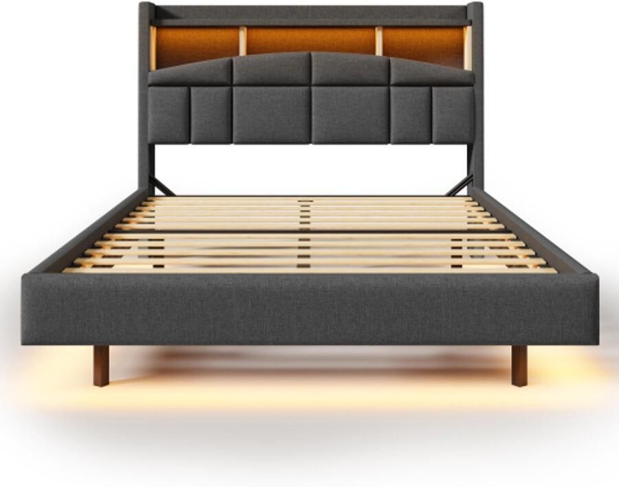 Gotagee Gestoffeerd bed 140x200cm op afstand bedienbare sfeerverlichting onder het bed opklapbaar legplankje hoofdbord met opbergruimte USB+Type-C zonder matras grijs