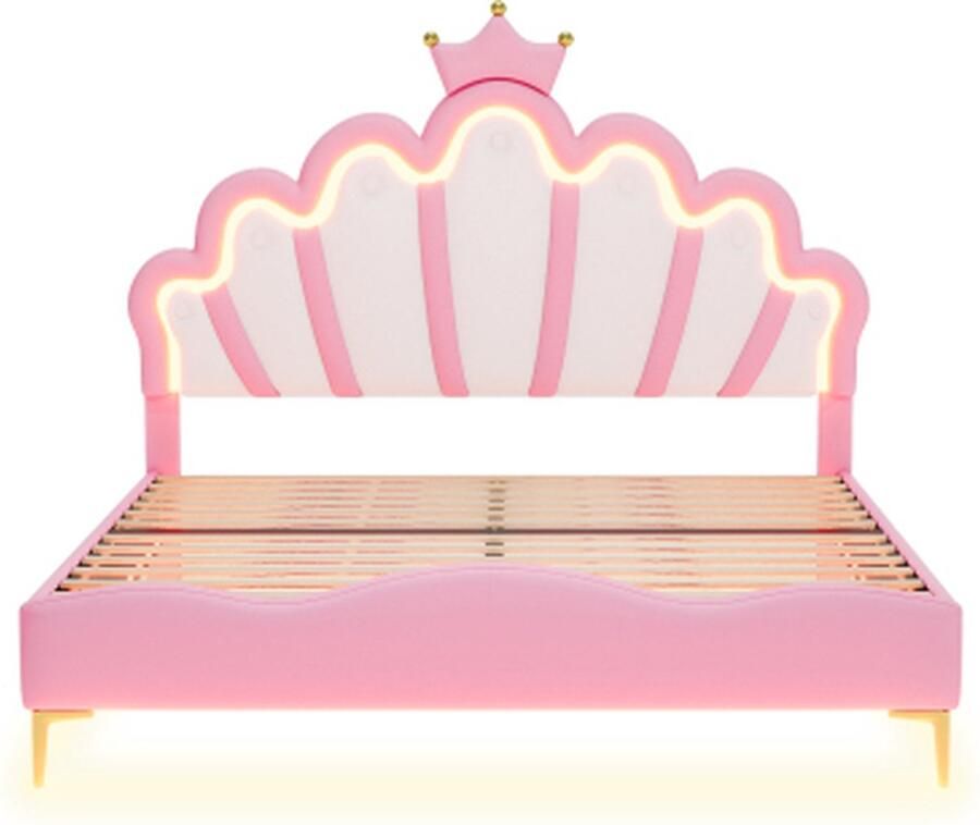 Gotagee Gestoffeerd bed 140x200cm Plat bed (Zonder matras) Met LED Roze PU Tweepersoonsbed