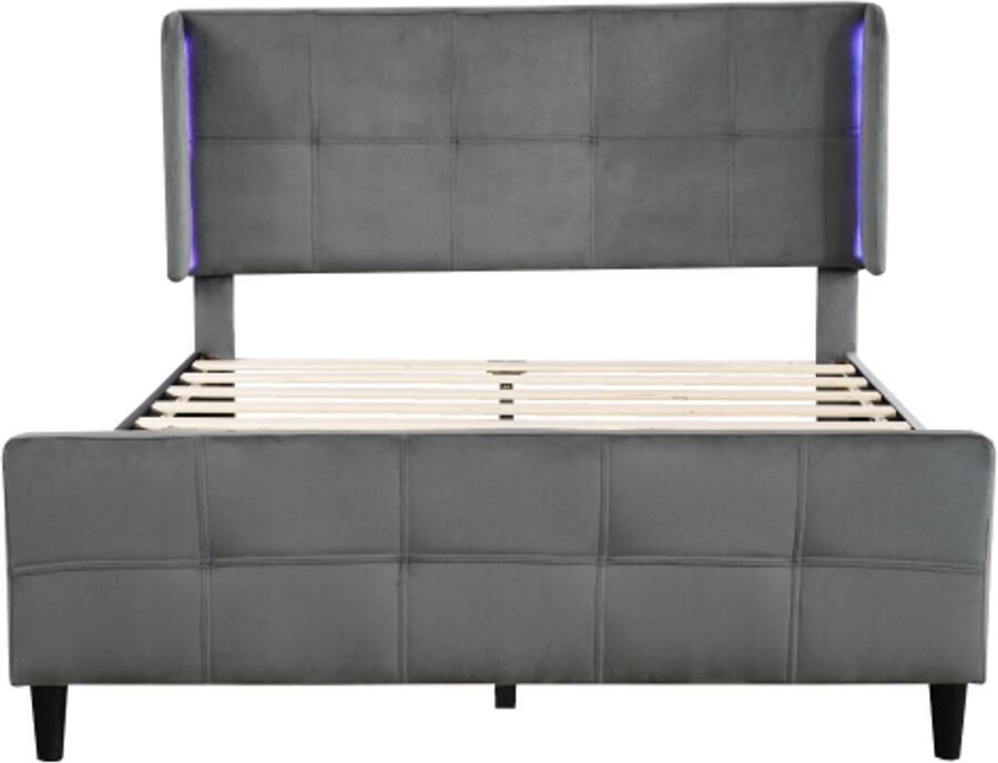 Gotagee Gestoffeerd bed 140x200cm tweepersoonsbed met 16-kleurige LED-strips aan de zijkanten gewatteerd hoofdeinde en voeteneinde hoofdeinde verstelbaar in drie hoogtes fluweel grijs