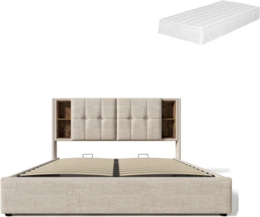 Gotagee Gestoffeerd bed 140x200cm tweepersoonsbed (met matras) jeugdbed multifunctioneel bed vlak bed opbergbed draadloos opladen Natuurlijk katoen