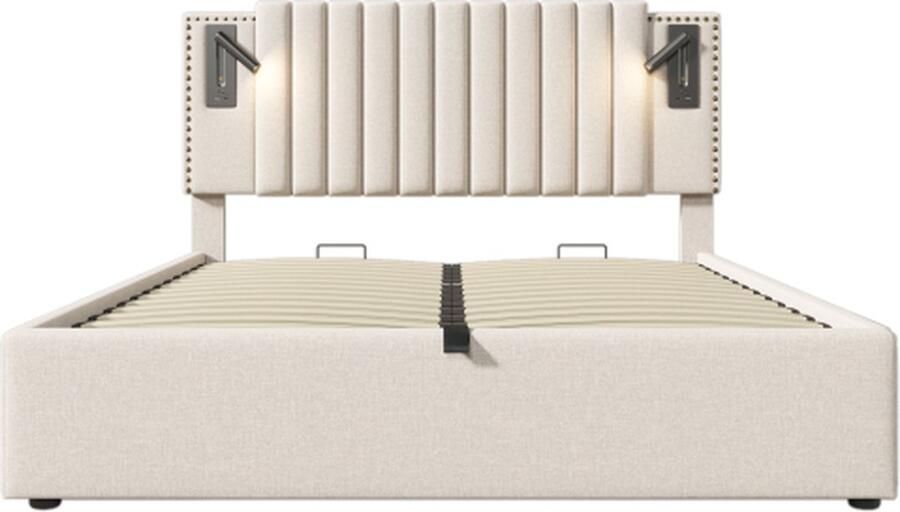 Gotagee Gestoffeerd bed 160x200cm tweepersoonsbed (zonder matras) katoen beige opbergbed met leeslampje en USB-oplaadfunctie klinknageldesign met lattenbodem