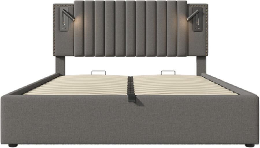 Gotagee Gestoffeerd bed 160x200cm tweepersoonsbed (zonder matras) katoen grijsopbergbed met leeslampje en USB-oplaadfunctie klinknageldesign met lattenbodem