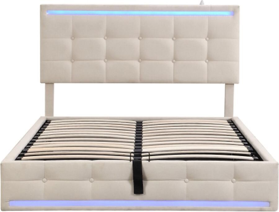 Gotagee Gestoffeerd bed 140x200cm Tweepersoonsbed (zonder matras) Platformbed met Opbergruimte LED en 2 USB-oplaadstations Verstelbare Hoofdbord Linnen Beige