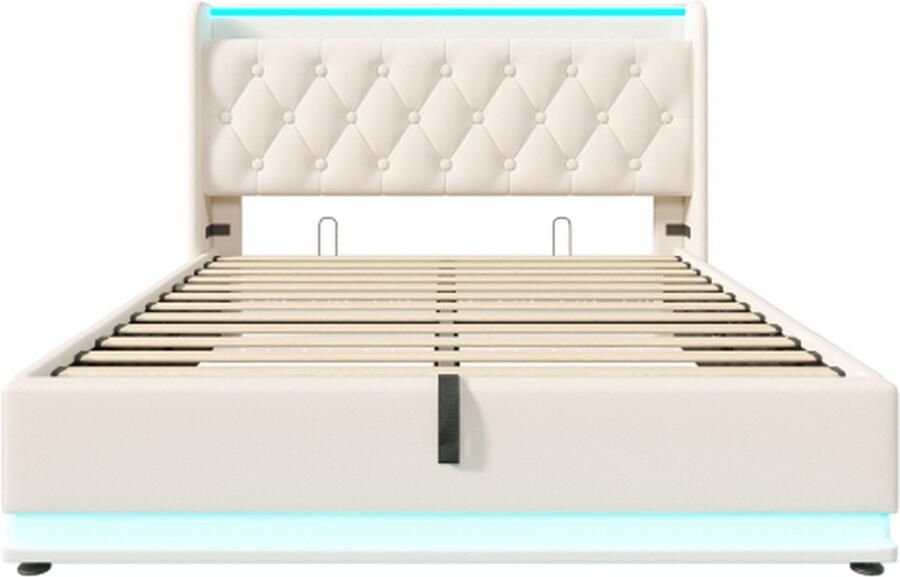Gotagee Gestoffeerd bed 160x200cm tweepersoonsbed (zonder matras) wit PU hydraulisch opbergbed met USB type-C oplaadfunctie en 360-surround LED met app afstandsbediening
