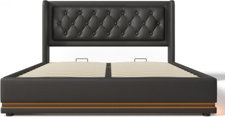 Gotagee Gestoffeerd bed 140x200cm tweepersoonsbed (zonder matras) zwart PU hydraulisch opbergbed met USB Type-C oplaadfunctie en 3-zijdige LED-functie