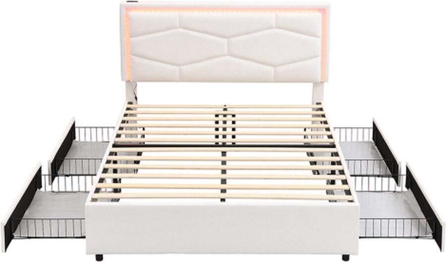 Gotagee Gestoffeerd bed 140x200cm (zonder matras) Tweepersoonsbed Jeugdbed Met LED-sfeerverlichting en USB+Type C Met vier lades Verstelbaar hoofdeinde PU