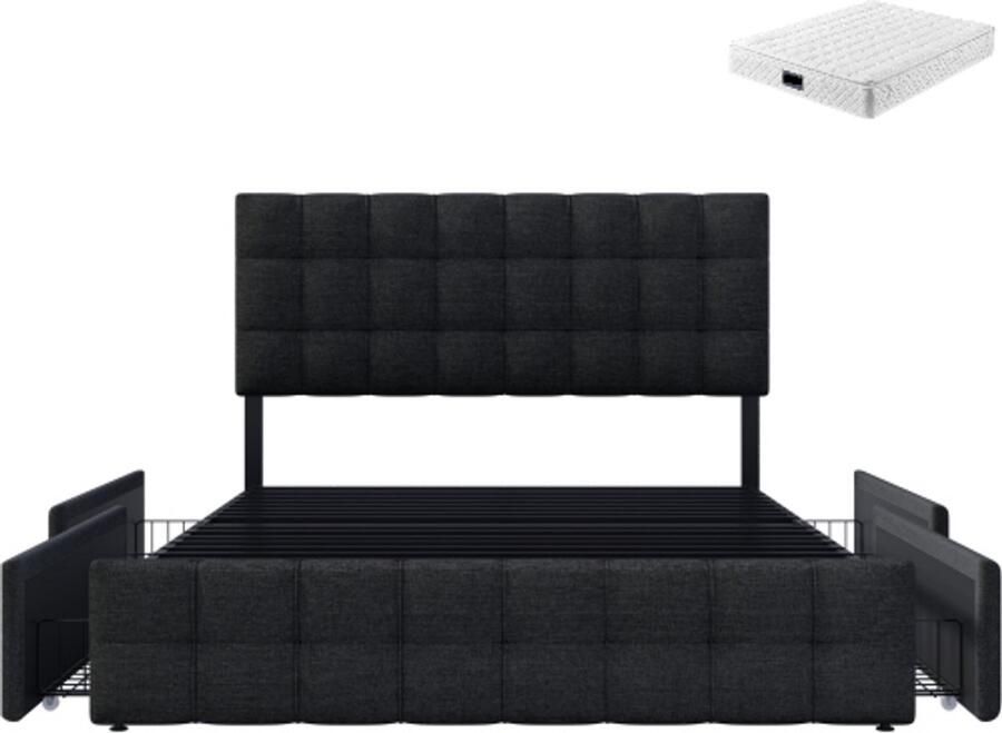 Gotagee Gestoffeerd bed 140x200cm zwart (met matras) met 4 laden tweepersoonsbed opbergbed linnen