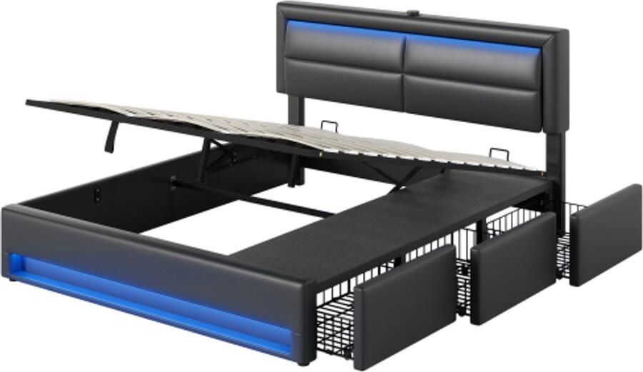 Gotagee Gestoffeerd bed 160 x 200 cm hydraulisch met USB-poort (ondersteunt draadloos en bekabeld opladen) met ledverlichting en 3 opbergladen zonder matras PU lychee-design zwart