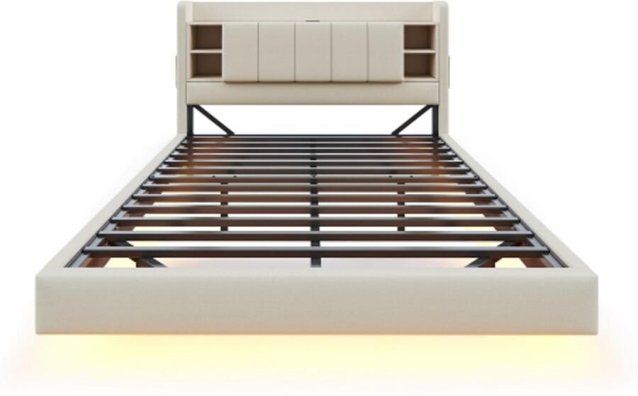 Gotagee Gestoffeerd bed 160 x 200 cm met USB-aansluiting en lichtbalk omkeerbaar hoofdbord met opbergvakken en planken metalen frame linnen stof tweepersoonsbed beige(zonder matras)