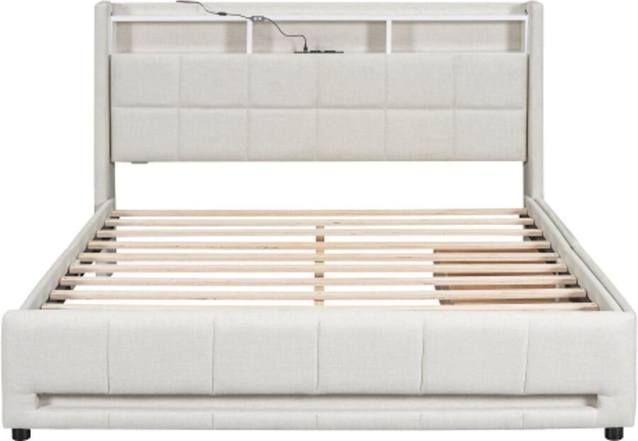 Gotagee Gestoffeerd bed 160 x 200 cm Zonder matras APP afstandsbediening LED-licht Bed met lades met stopcontacten en USB Ingebouwd opbergvak Linnen Beige