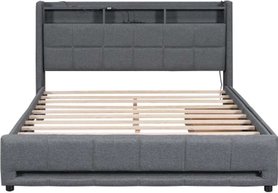 Gotagee Gestoffeerd bed 160 x 200 cm Zonder matras APP afstandsbediening LED-licht Bed met lades met stopcontacten en USB Ingebouwd opbergvak Linnen Grijs