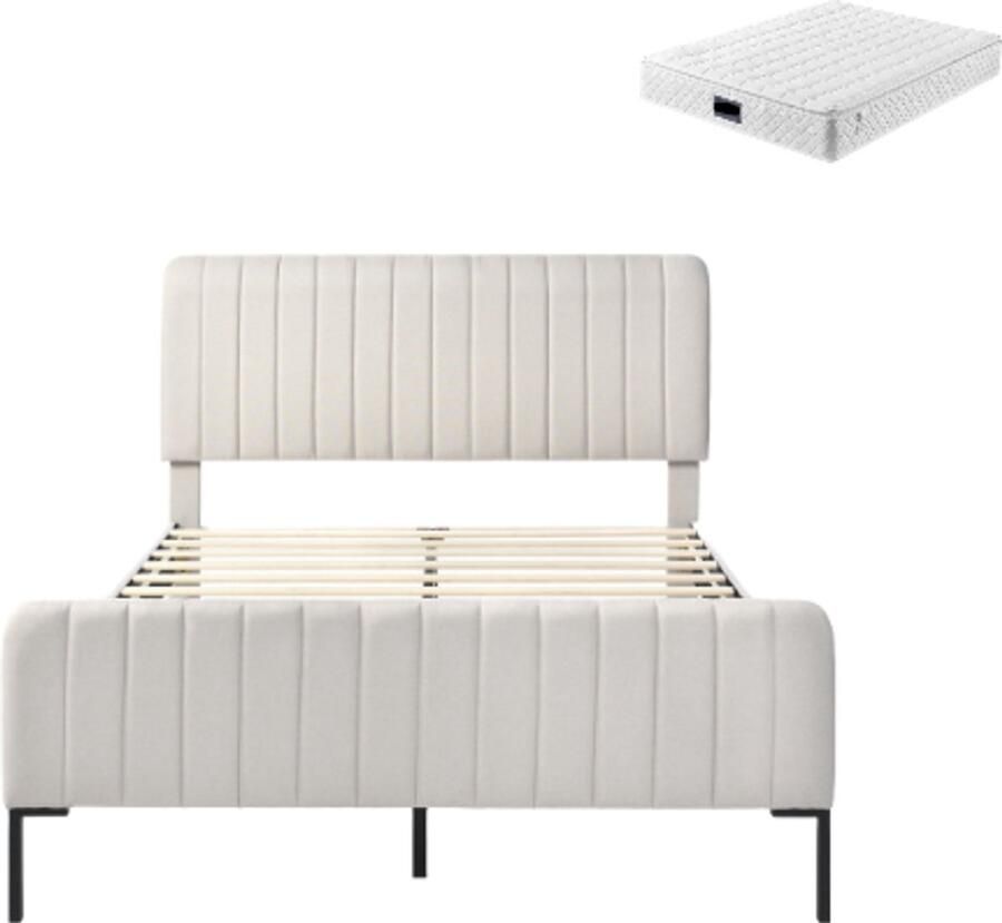 Gotagee Gestoffeerd Bed 140×200 cm Tweepersoonsbed Met Matras Grijs-Beige Linnen Verstelbaar Hoofdbord Lattenbodem