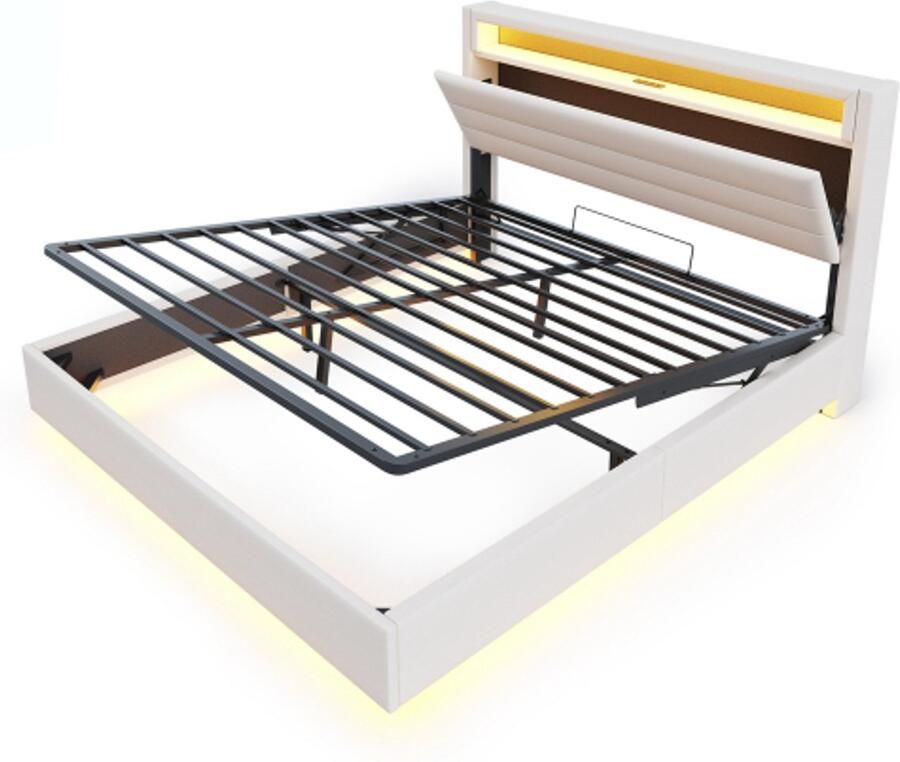 Gotagee Gestoffeerd bed 160x200 cm hydraulisch zwevend bedframe met opbergruimte met USB-aansluiting en LED-verlichting omkeerbaar hoofdbord linnen beige(zonder matras)