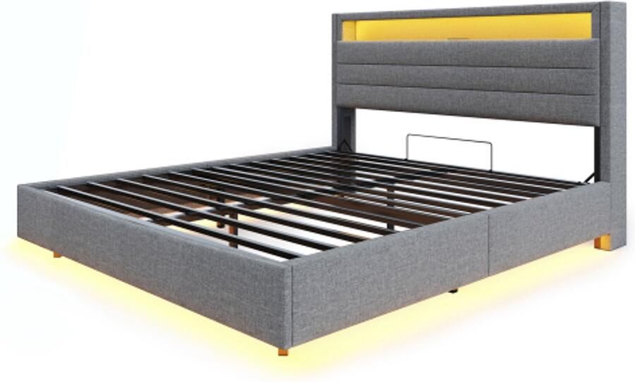 Gotagee Gestoffeerd bed 160x200 cm hydraulisch zwevend bedframe met opbergruimte met USB-aansluiting en LED-verlichting omkeerbaar hoofdbord linnen grijs(zonder matras)