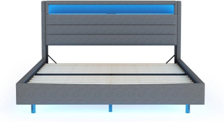 Gotagee Gestoffeerd bed 160x200 cm met USB-aansluiting en LED-verlichting omkeerbaar hoofdeinde verborgen voeteneinde tweepersoonsbed jeugdbed volwassen bed linnen stof grijs