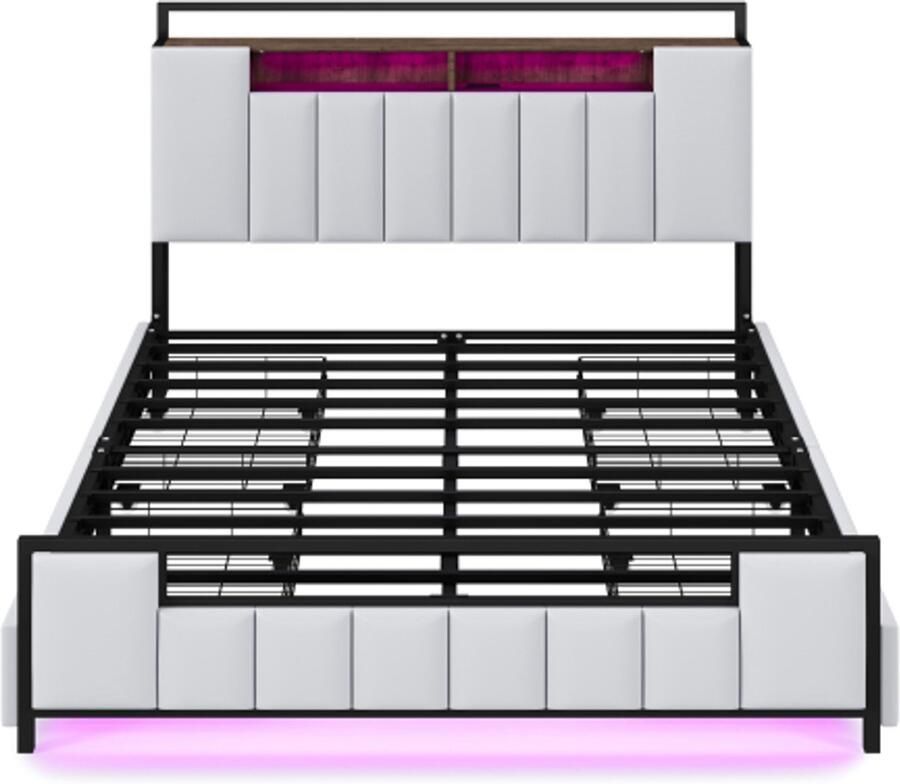 Gotagee Gestoffeerd bed 160x200 cm multifunctioneel bed met LED-verlichting met USB-aansluiting met laden jeugdbed volwassen bed tweepersoonsbed imitatieleer wit