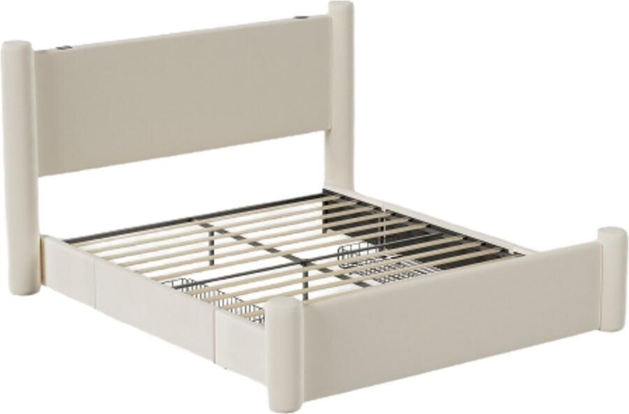 Gotagee gestoffeerd bed 160x200 cm Tweepersoonsbed bedframe 3D-kolomdesign dik gewatteerd hoofdeinde 2 opberglades en geïntegreerde USB-poorten beige