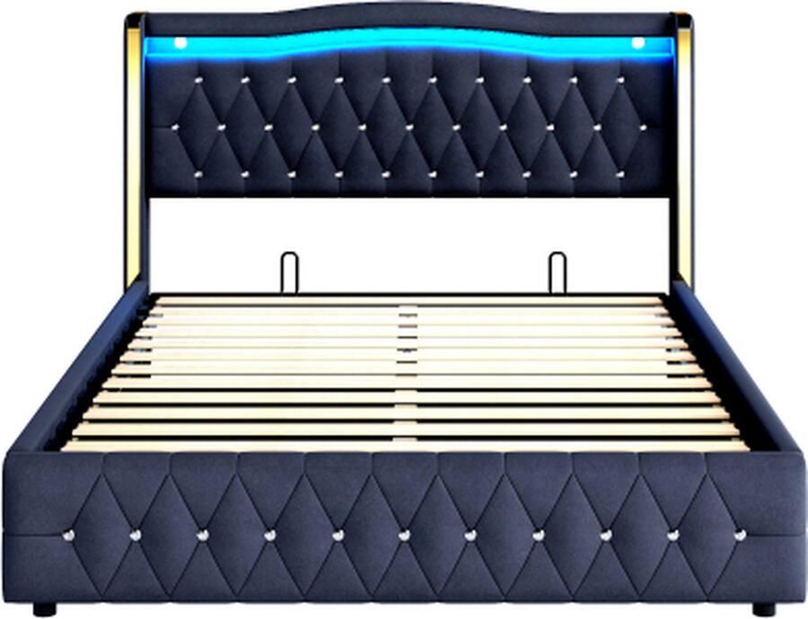 Gotagee Gestoffeerd bed 160x200 cm Tweepersoonsbed (Zonder Matras) Met Kleurveranderende LED-Verlichting Hydraulisch Opslagsysteem en Ruitaccenten Fluweel - Foto 2