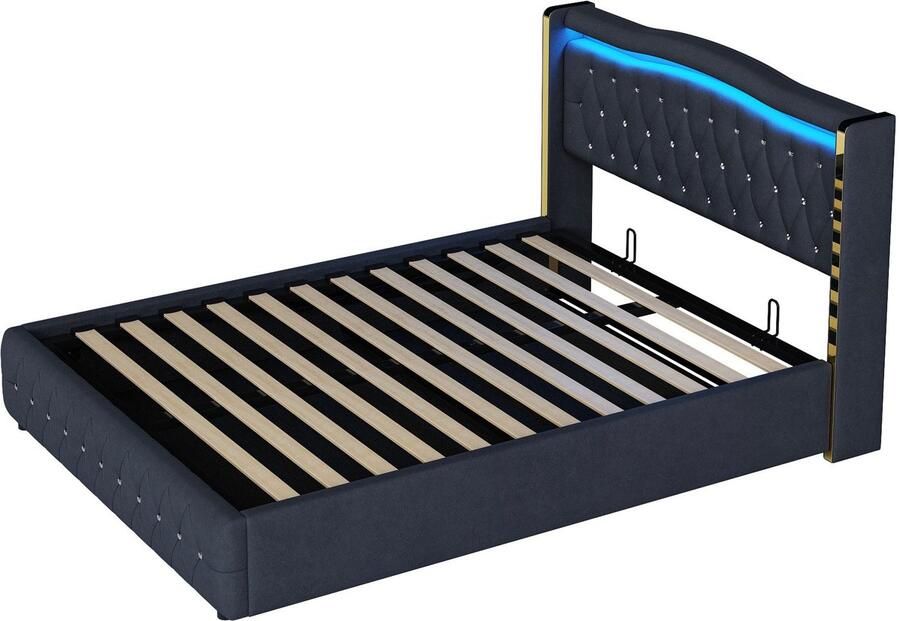 Gotagee Gestoffeerd bed 160x200 cm Tweepersoonsbed (Zonder Matras) Met Kleurveranderende LED-Verlichting Hydraulisch Opslagsysteem en Ruitaccenten Fluweel