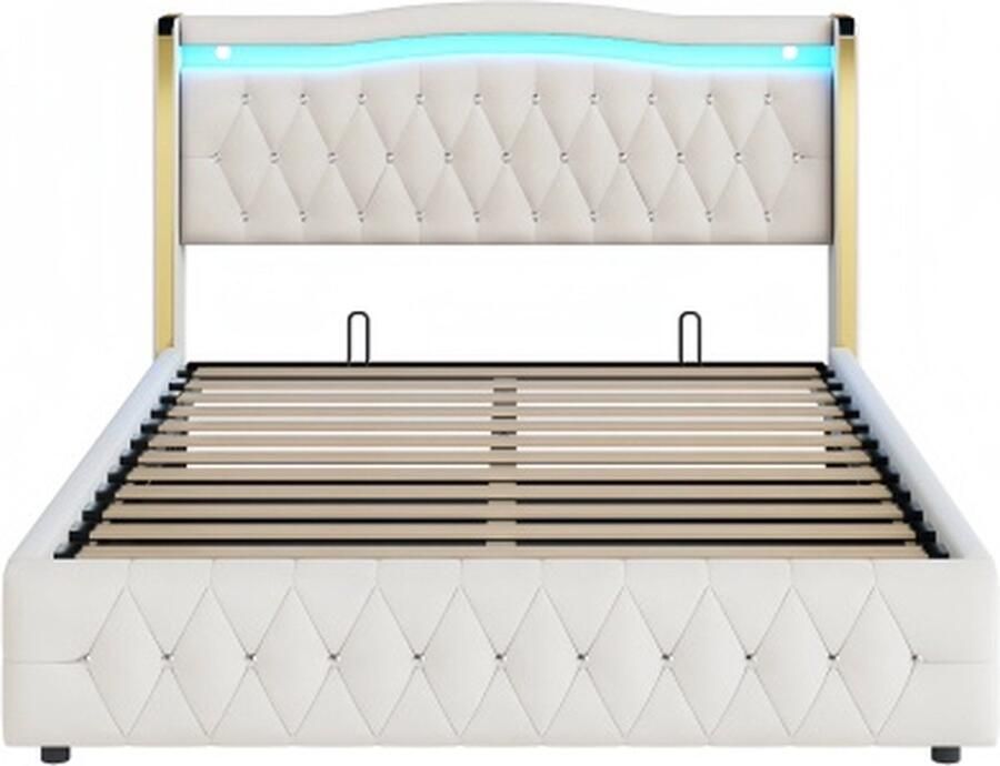 Gotagee Gestoffeerd bed 160x200 cm Tweepersoonsbed (Zonder Matras) Met Kleurveranderende LED-Verlichting Hydraulisch Opslagsysteem en Ruitaccenten Fluweel