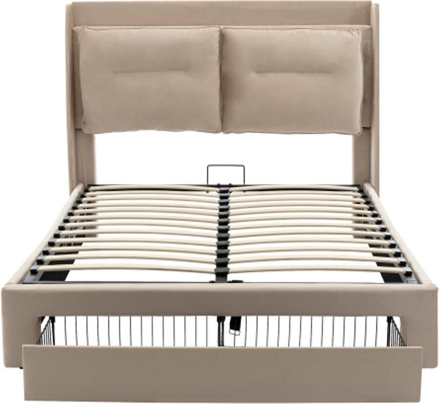 Gotagee Gestoffeerd bed 160x200 hydraulisch bed laden aan het einde van het bed verzonken LED-lichtstrips lattenbodem zonder matras fluweel beige