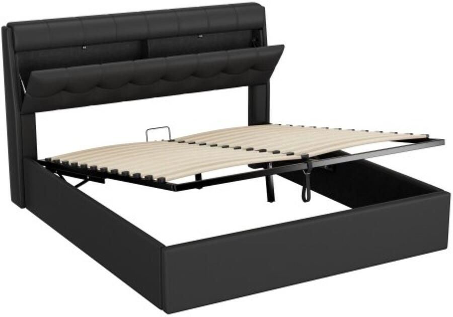 Gotagee Gestoffeerd bed 160X200 hydraulisch bed verborgen hoofdeinde opbergruimte bedlade opbergruimte PU met lattenbodem en met hoofdeinde zonder matras zwart