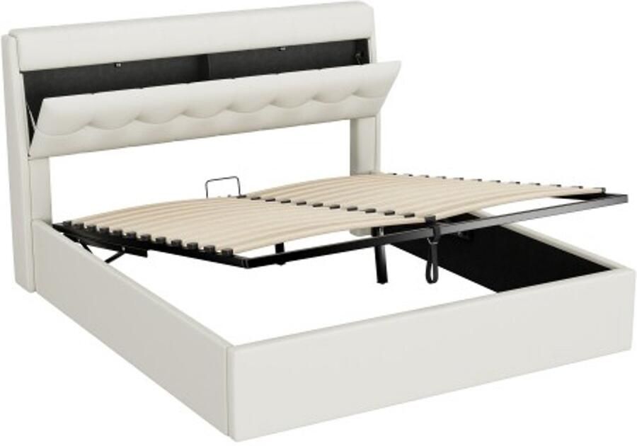 Gotagee Gestoffeerd bed 160X200 hydraulisch bed verborgen hoofdeinde opbergruimte bedlade opbergruimte PU met lattenbodem en met hoofdeinde zonder matras wit